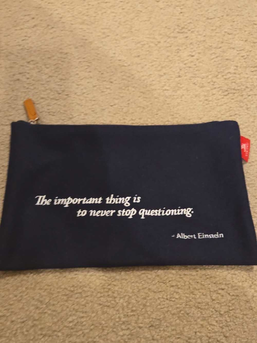 Navy Quote Pouch - 'Never Stop Questioning' 80% Wool